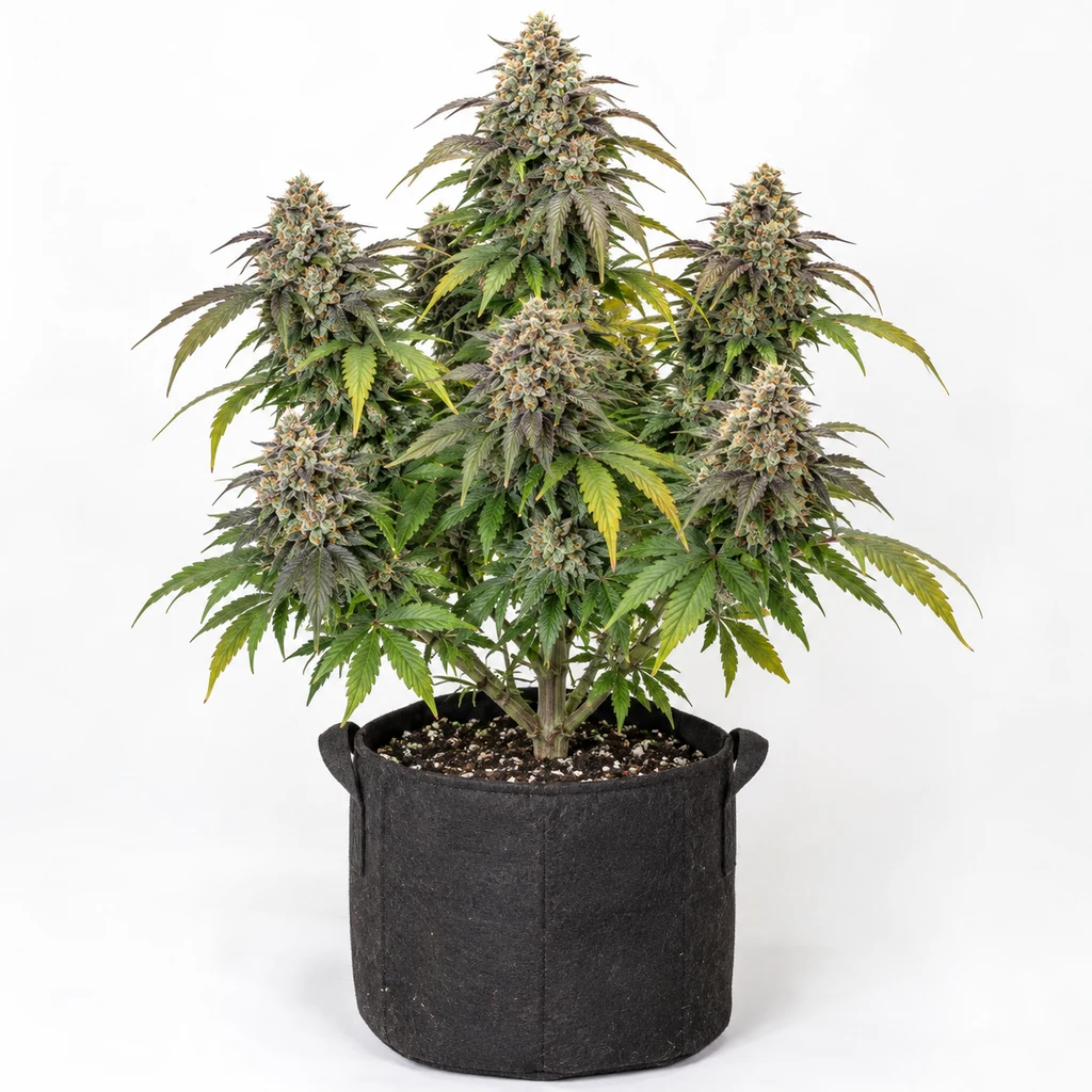 Ilustración de una planta de cannabis en floración, en maceta textil negra, para la ficha de Original Sunset Sherbert Feminizada.