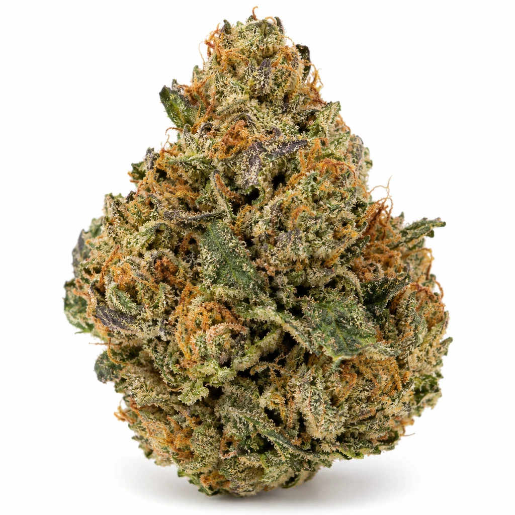 Ilustración de un cogollo verde con zonas moradas y filamentos naranjas para la ficha de Muffin Berry Feminizada de The Outlaw Seeds.