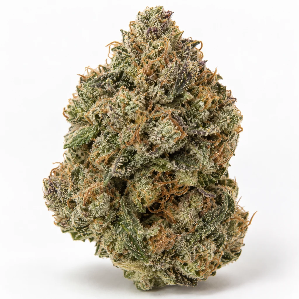 Ilustración de un cogollo con hojas verdes y moradas y filamentos anaranjados para la ficha de Gorilla Glue Feminizada de Monster Genetics.