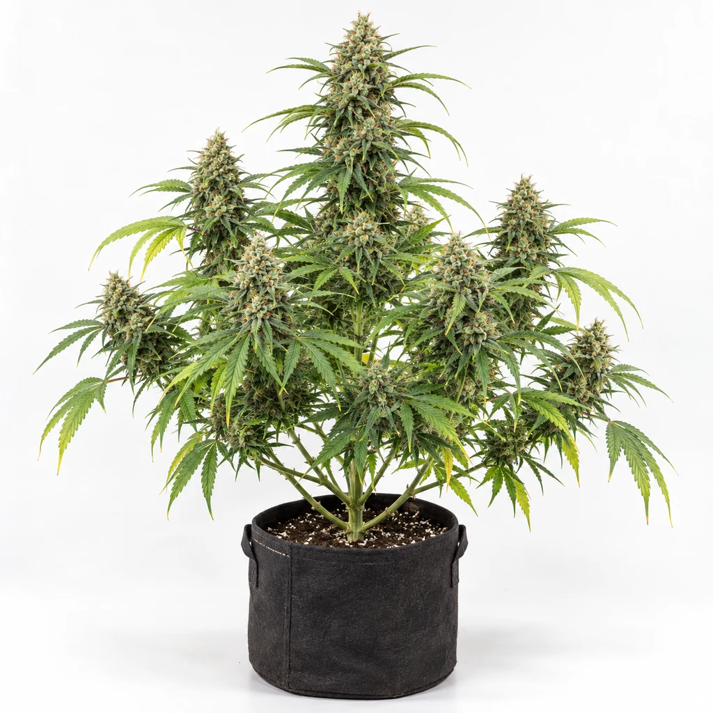 Ilustración de una planta en floración en maceta negra, con varias ramas y cogollo central alto, para la ficha de Xtreme Autofloreciente.