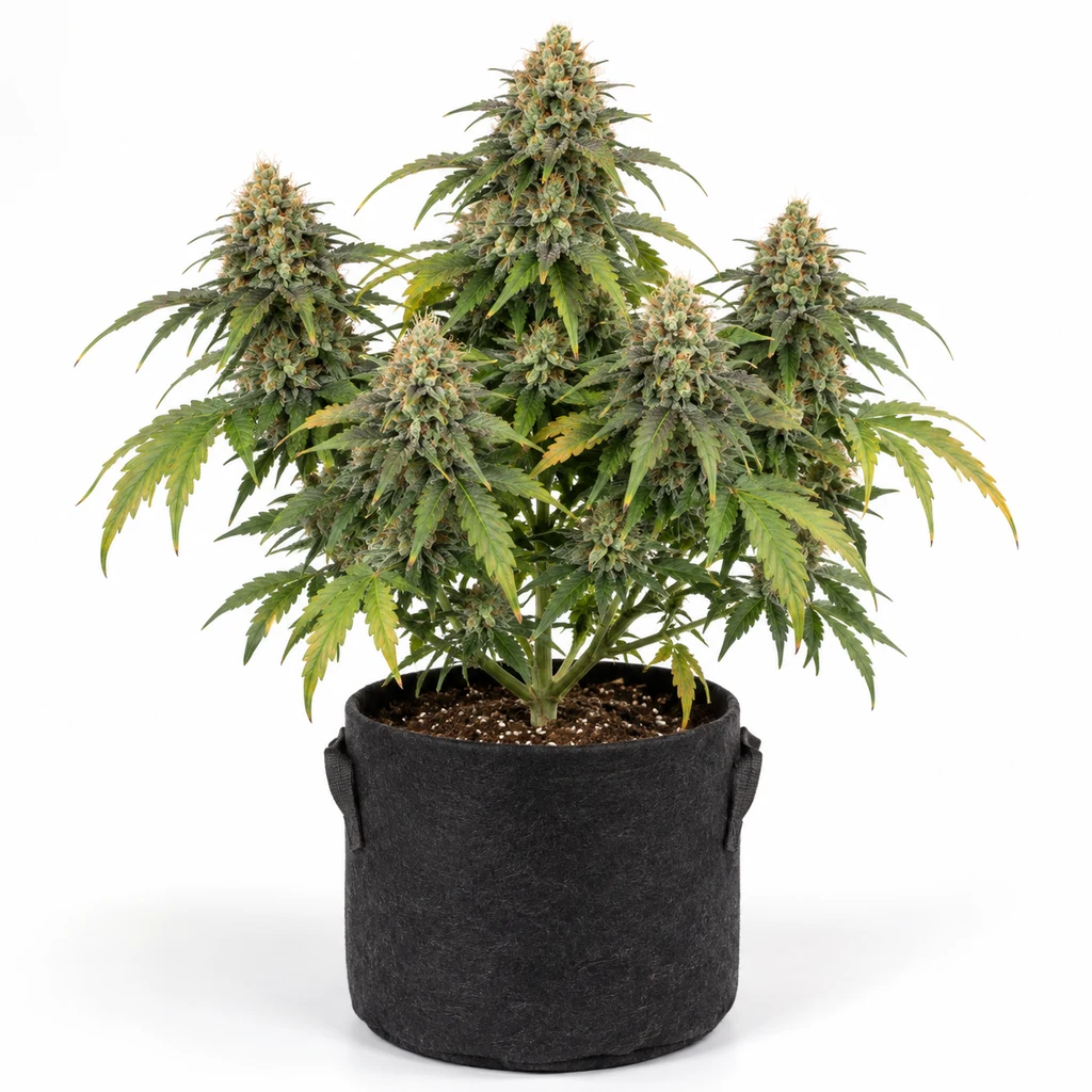 Ilustración de una planta en floración en maceta negra, con varios cogollos, para la ficha de AC DC Cookies 0,5/15 Auto, sobre fondo blanco.