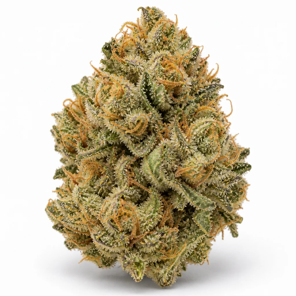Ilustración de un cogollo verde de forma cónica, con filamentos anaranjados y cobertura blanquecina, para la ficha de Trainwreck Auto de Barney's Farm.