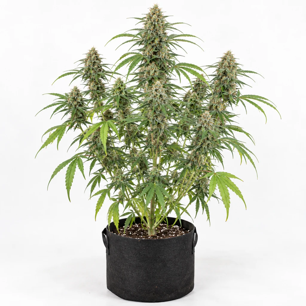 Ilustración de una planta para la ficha de Trainwreck Auto, con ramas alargadas, cogollos y hojas verdes en maceta negra sobre fondo blanco.