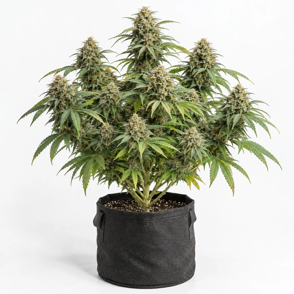Ilustración de una planta de cannabis en floración, en maceta negra sobre fondo blanco, para la ficha de Urban Cheese Feminizada.