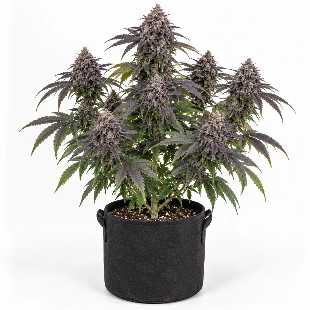 Ilustración de una planta en floración con hojas moradas y verdes en maceta negra para la ficha de Granddaddy Purple Feminizada.