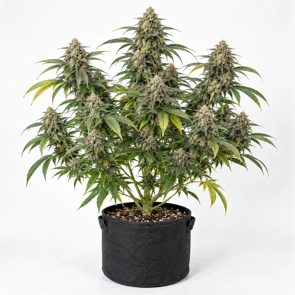 Ilustración de una planta de cannabis ramificada, con flores y hojas verdes y amarillas en maceta negra, para la ficha de Ozborne Regular.
