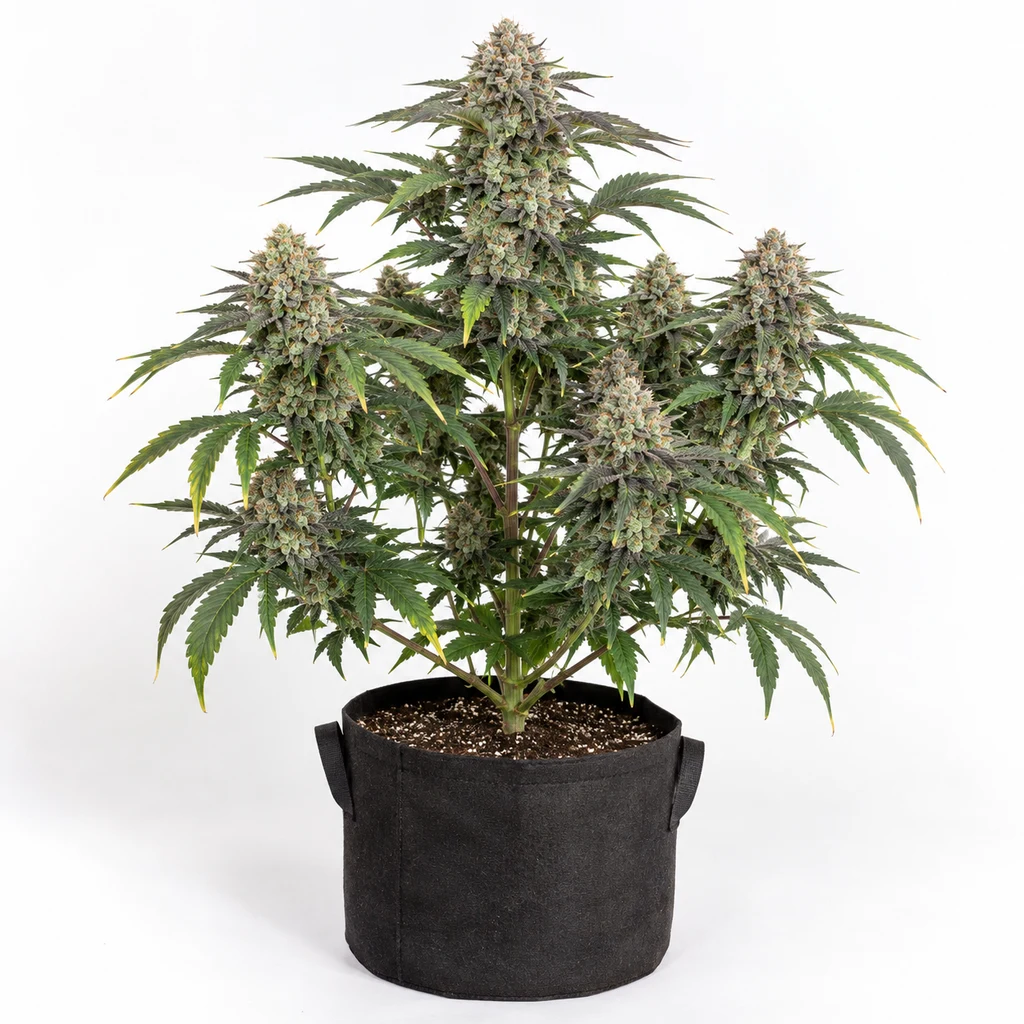 Ilustración de una planta de cannabis con flores abundantes en maceta textil negra, para la ficha de Jelly Mints Feminizada.