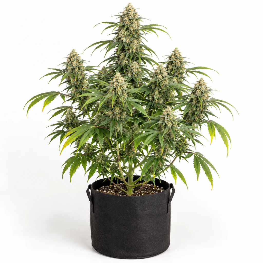 Ilustración de una planta con varias colas florales y hojas verdes en maceta negra para la ficha de Lemon Diesel 0,4/18 Feminizada.