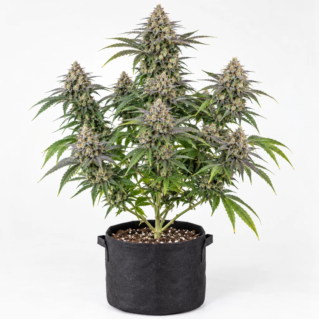 Ilustración de una planta de cannabis ramificada en maceta negra, con cogollos y hojas verdes y moradas, para la ficha de Dancing Sprite Feminizada.