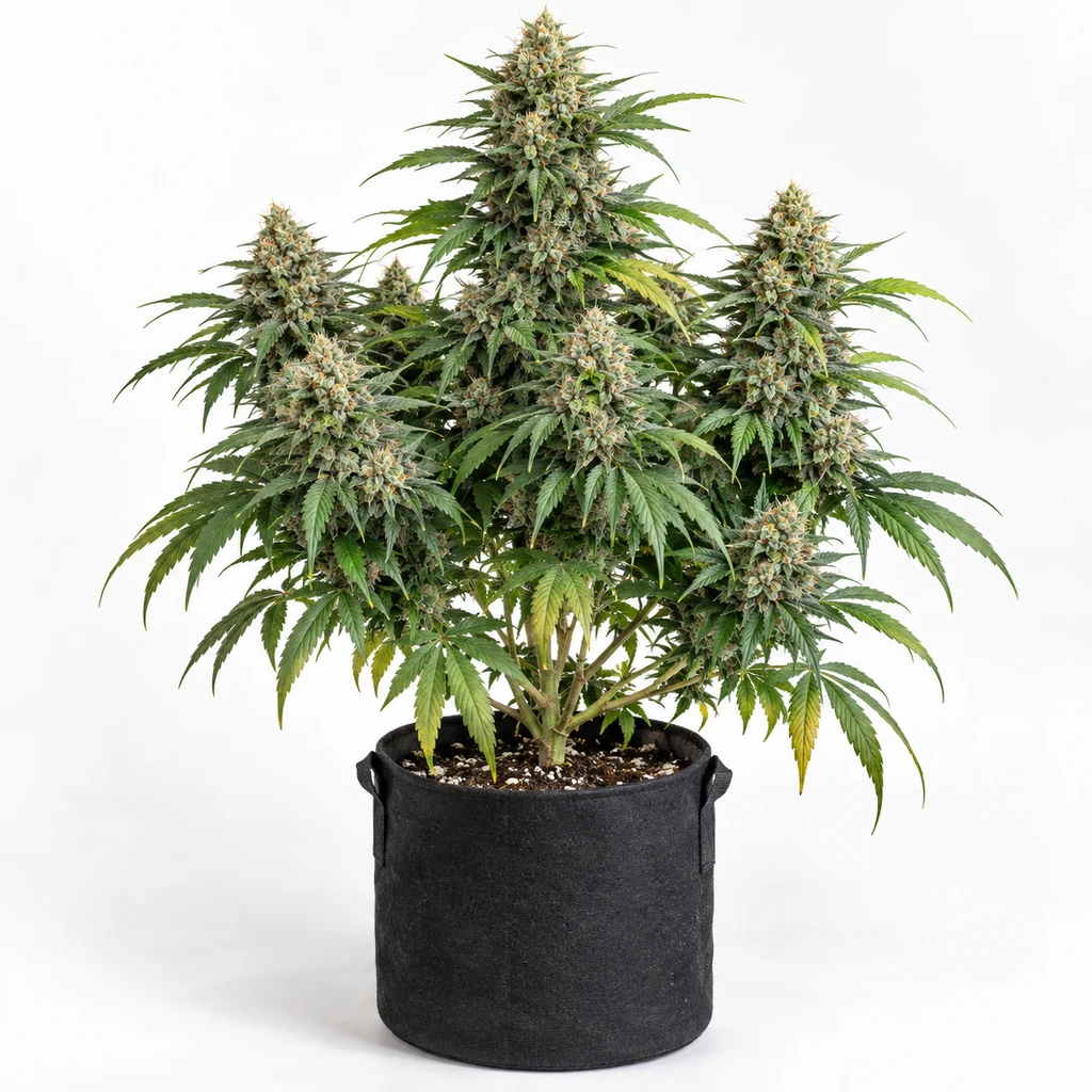 Ilustración de una planta de cannabis en floración en maceta negra, con cogollos alargados, para la ficha de Millionaire Mindset Feminizada.