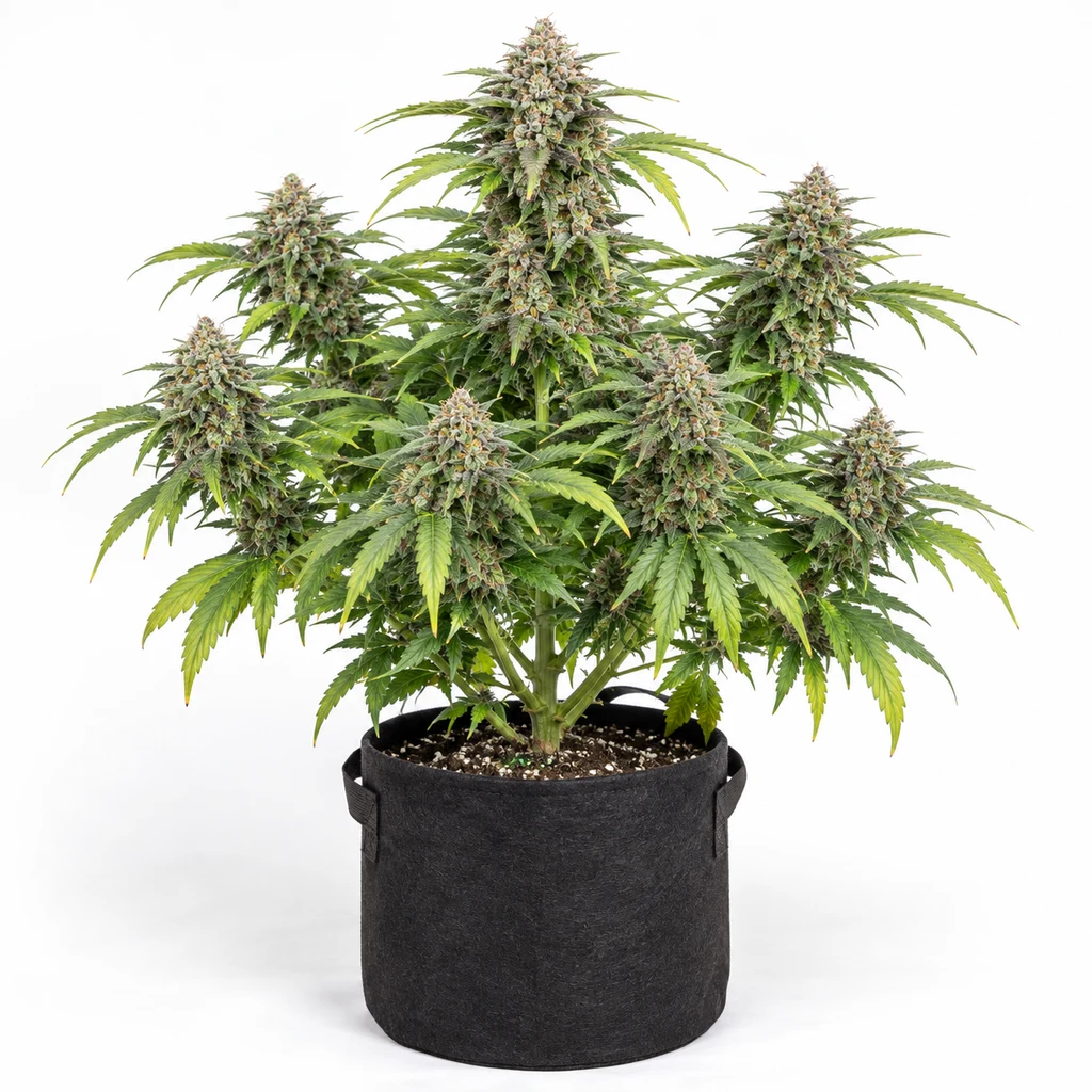 Ilustración de una planta de cannabis en floración en maceta negra, con varios cogollos, para la ficha de Slush Mint Cake Auto.