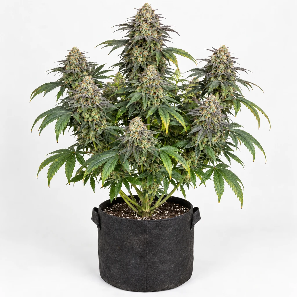 Ilustración de una planta de cannabis en floración, en maceta negra y con numerosas ramas, para la ficha de Jealousy 54 Feminizada.