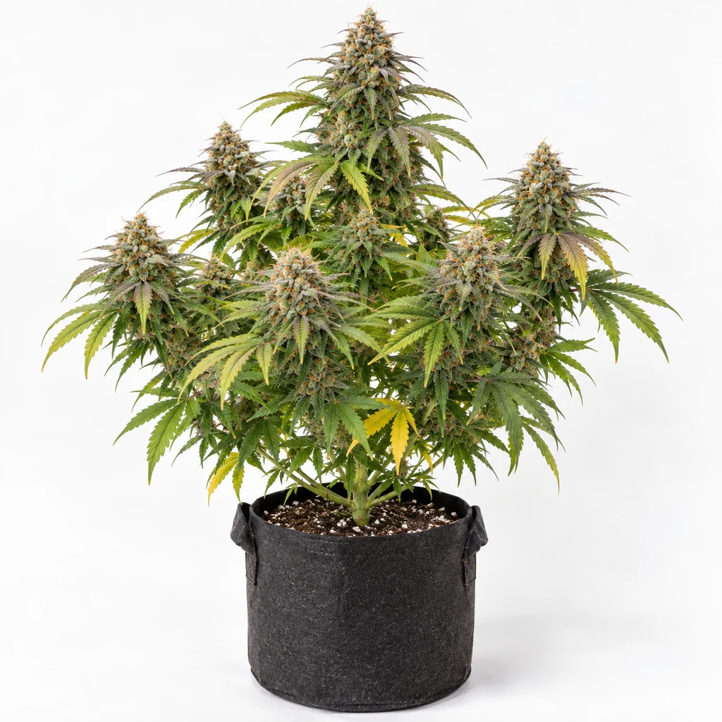 Ilustración de una planta en floración en maceta textil negra, con cogollos abundantes, para la ficha de Sweet Mandarine Zkittlez F1 Fast Version.