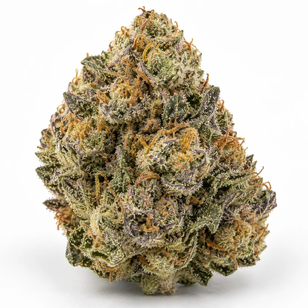 Ilustración de un cogollo verde con tonos morados y filamentos anaranjados para la ficha de True OG x Runtz Ed Lim Feminizada de Ripper Seeds.