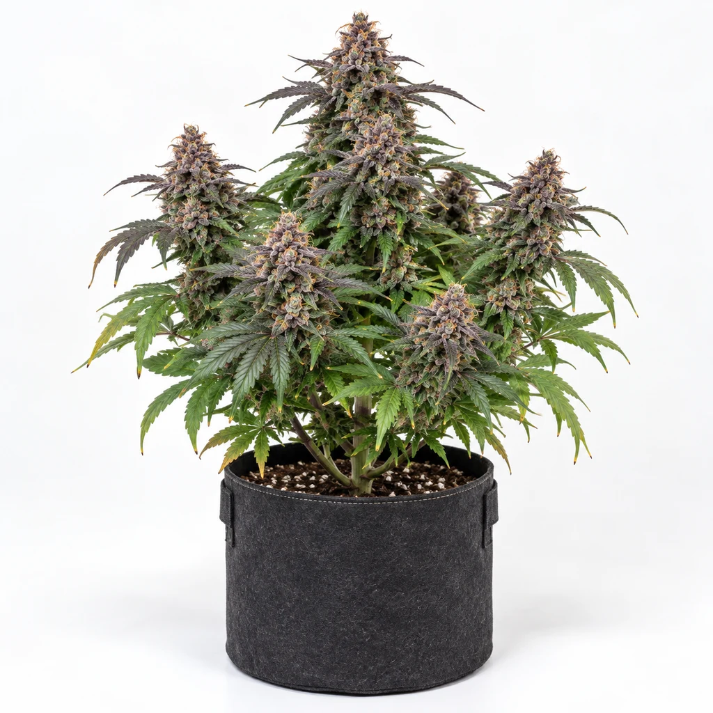 Ilustración de una planta de cannabis con flores de tonos morados en maceta negra para la ficha de Purple Punch Auto.
