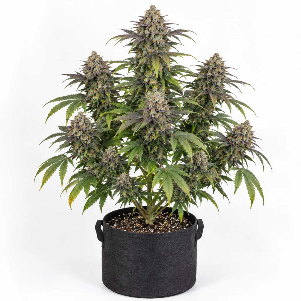 Ilustración de una planta en floración para la ficha de Forbidden Sherbert, con cogollos y hojas verdes y moradas en una maceta negra.
