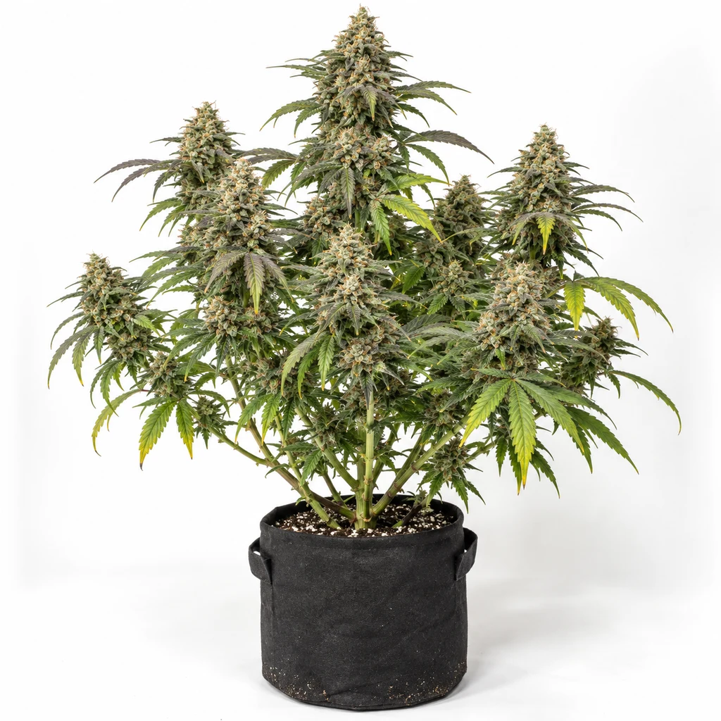 Ilustración de una planta en floración para la ficha de Verbena Funk Regular, con abundantes cogollos y maceta negra sobre fondo blanco.