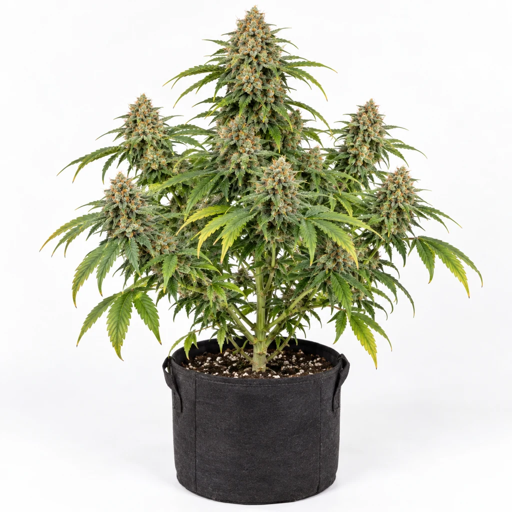 Ilustración de una planta con cogollos alargados y hojas verdes y amarillas en maceta negra para la ficha de OG Kush Auto Humboldt Seeds.