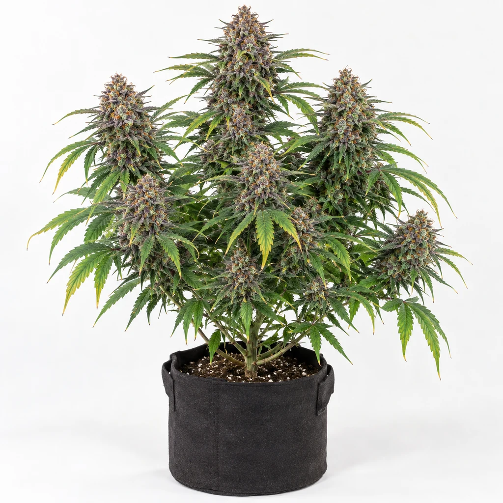 Ilustración de cannabis en floración para la ficha de Mimosa Punch Feminizada, con flores de tonos morados y hojas verdes en maceta negra.