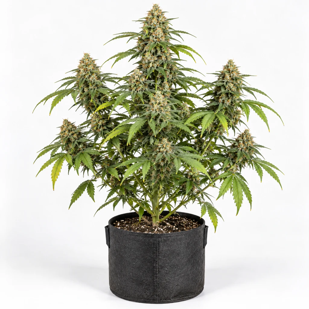 Ilustración de una planta de cannabis en floración en maceta negra para la ficha de Seriotica Feminizada de Serious Seeds.