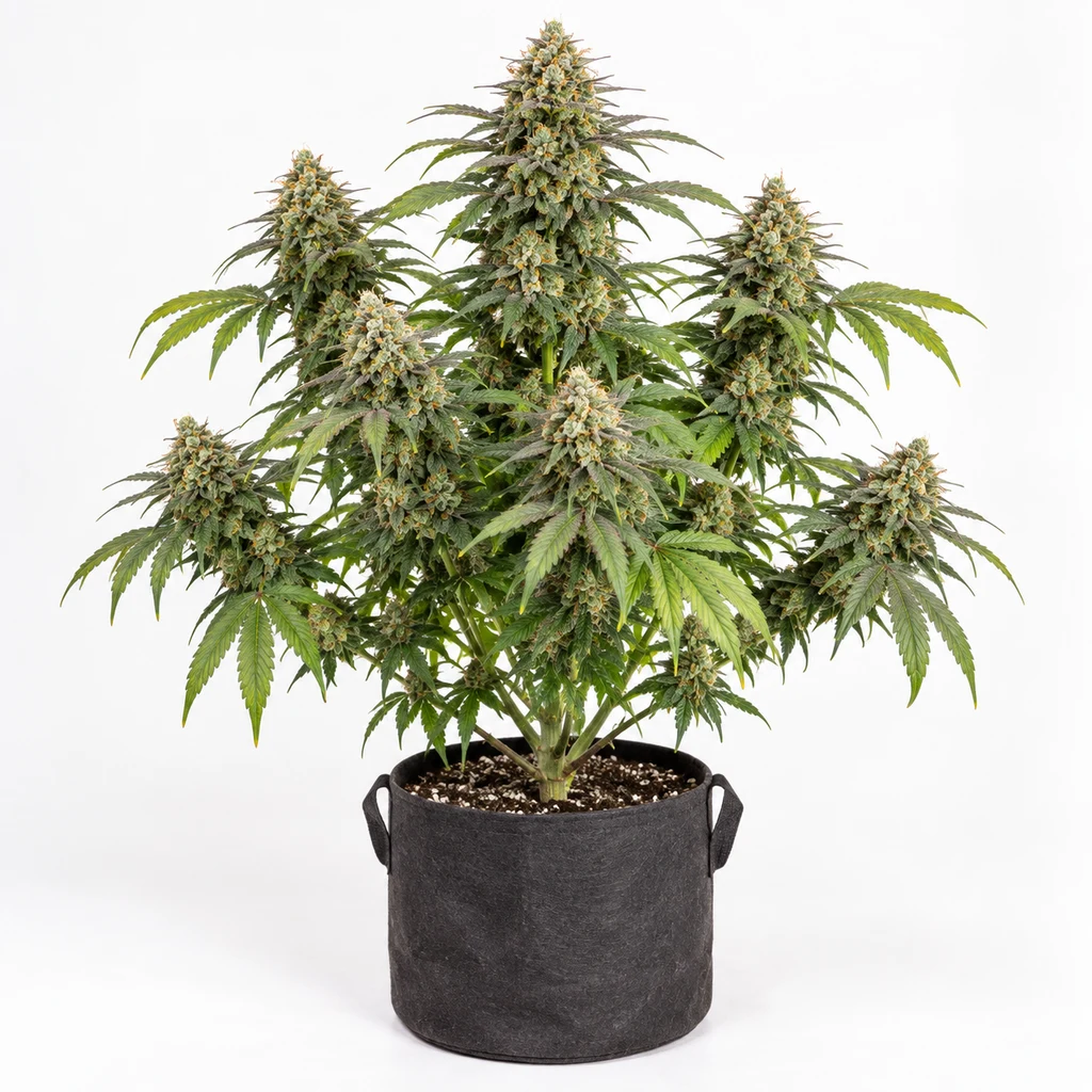 Ilustración de una planta de cannabis con cogollos y maceta negra con asas para la ficha de Green Scout Cookies Feminizada.