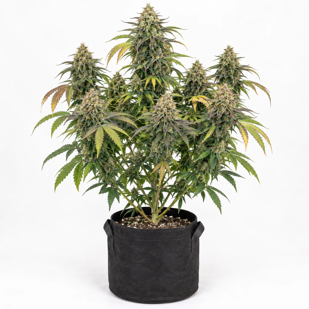 Ilustración de una planta de cannabis en floración en maceta textil negra para la ficha de Lemon Chain Lemon Gello x Mellowz #8 Feminizada.