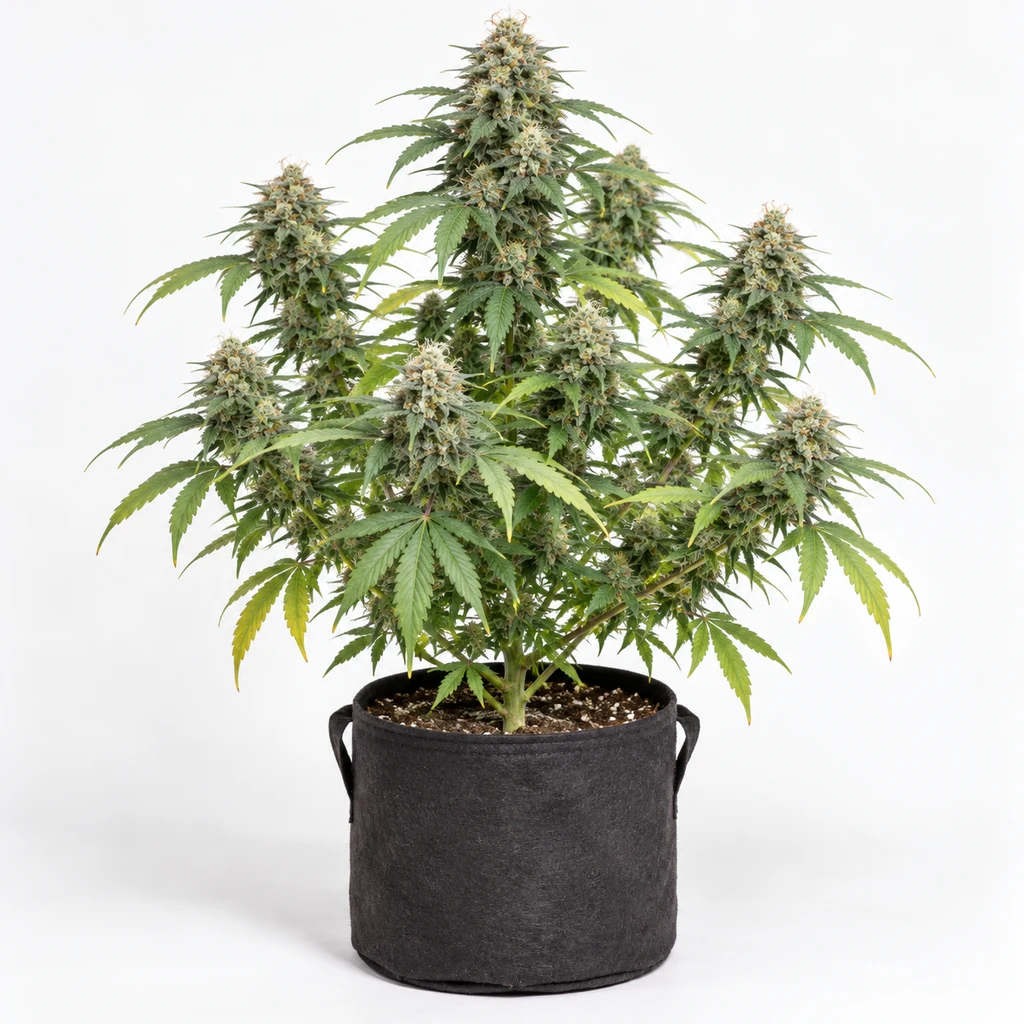 Ilustración de una planta en floración para la ficha de Cannatonic 0,4/12, con varias ramas floridas en una maceta negra sobre fondo blanco.