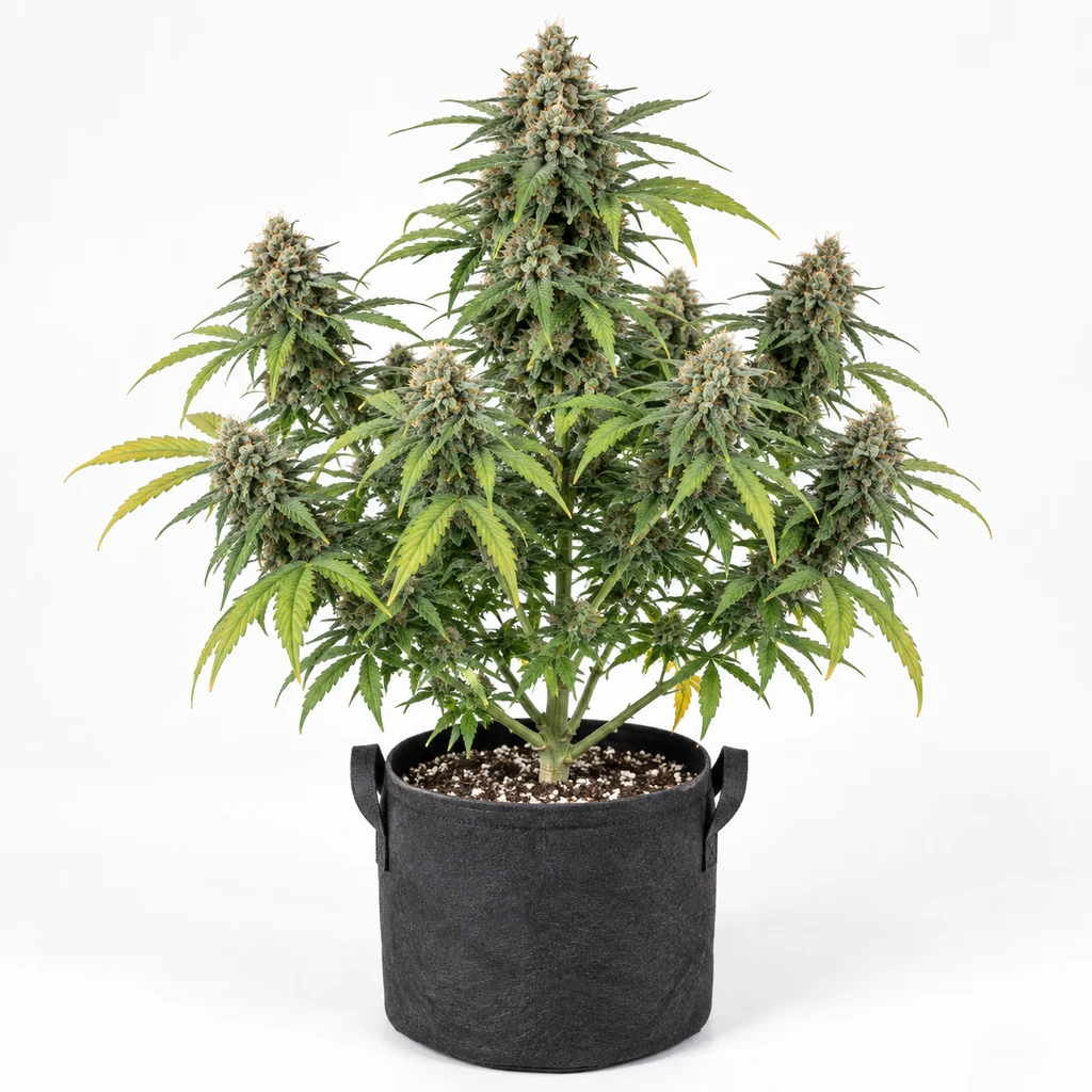 Ilustración de una planta de cannabis en floración para la ficha de Auto Cheese, con abundantes cogollos y maceta negra con asas.