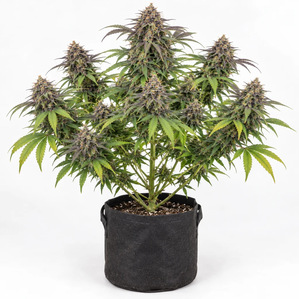 Ilustración de una planta de cannabis con flores de tonos morados en maceta de tela negra, para la ficha de Rainbows Feminizada de BSF Seeds.