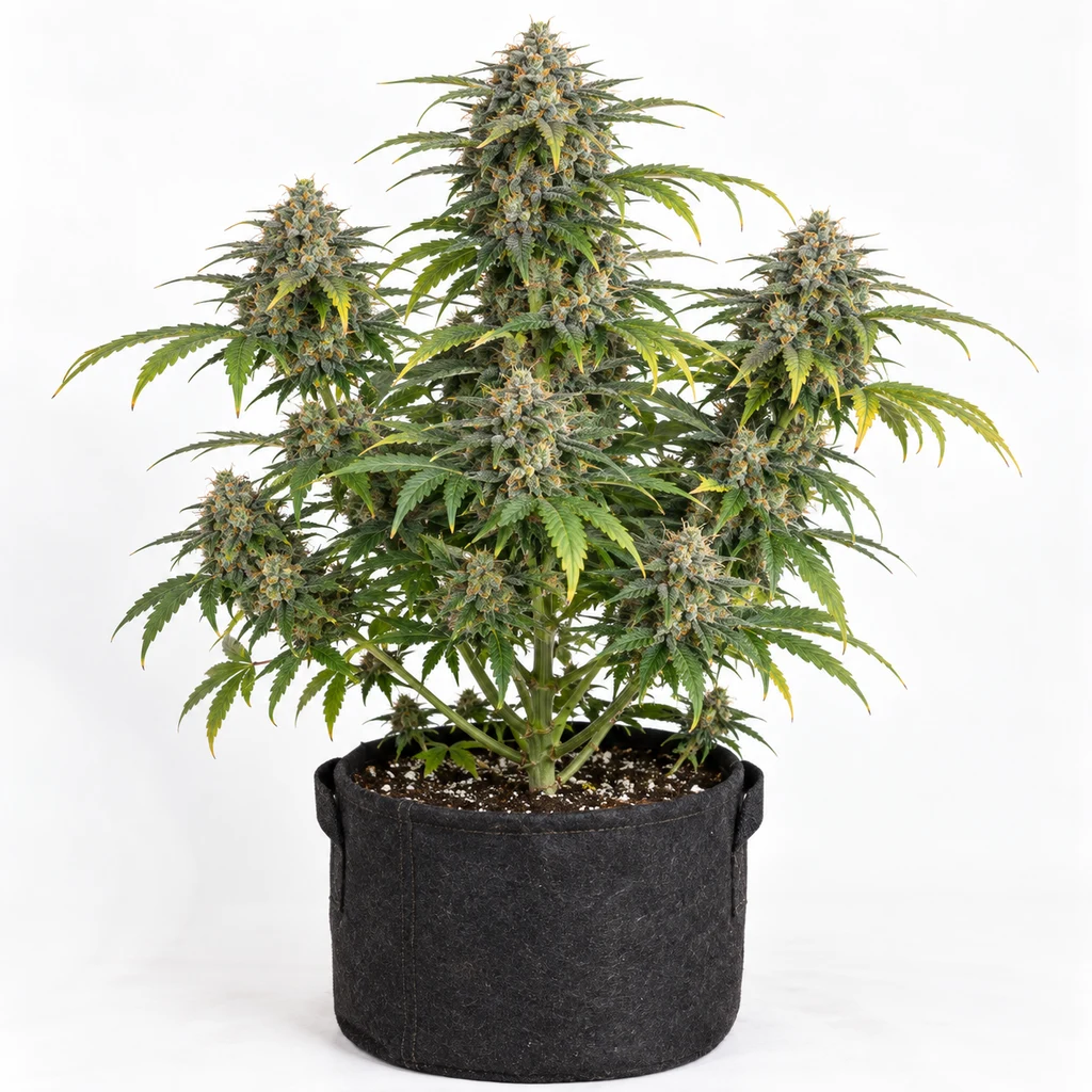 Ilustración de una planta de cannabis con flores densas en maceta negra sobre fondo blanco, para la ficha de Expert Gorilla Auto.