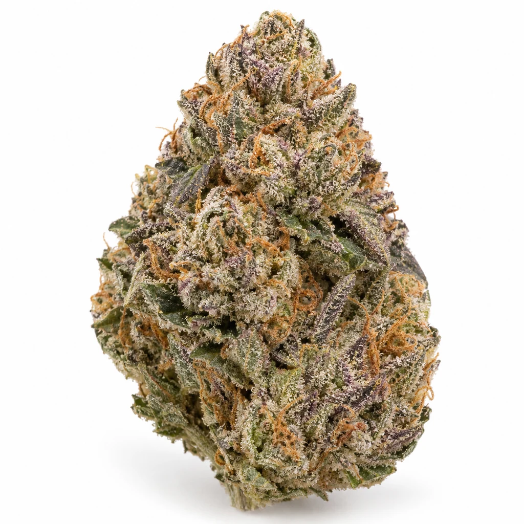 Ilustración de un cogollo verde y morado con filamentos anaranjados para la ficha de Pink Runtz Feminizada de Royal Queen Seeds.