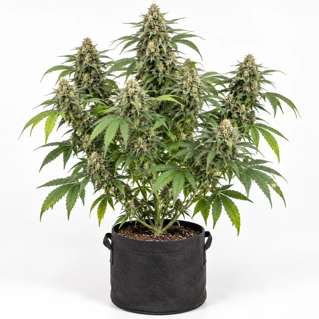 Ilustración de una planta con cogollos y hojas serradas en maceta negra para la ficha de 00 Kush Feminizada de 00 Seeds.