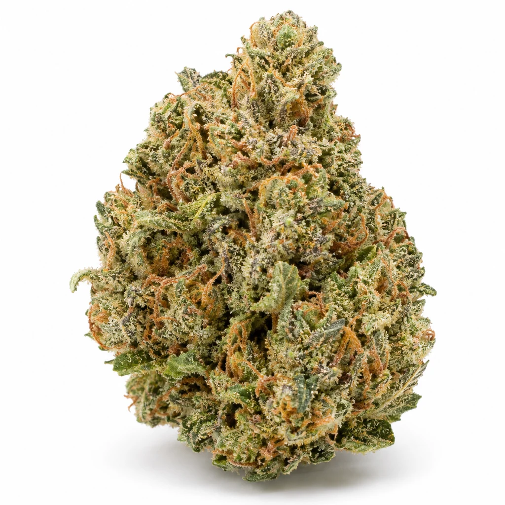 Ilustración de un cogollo verde con filamentos anaranjados y superficie blanquecina para la ficha de Sour Diesel 0,4/25 Feminizada – CBD+ Buds.