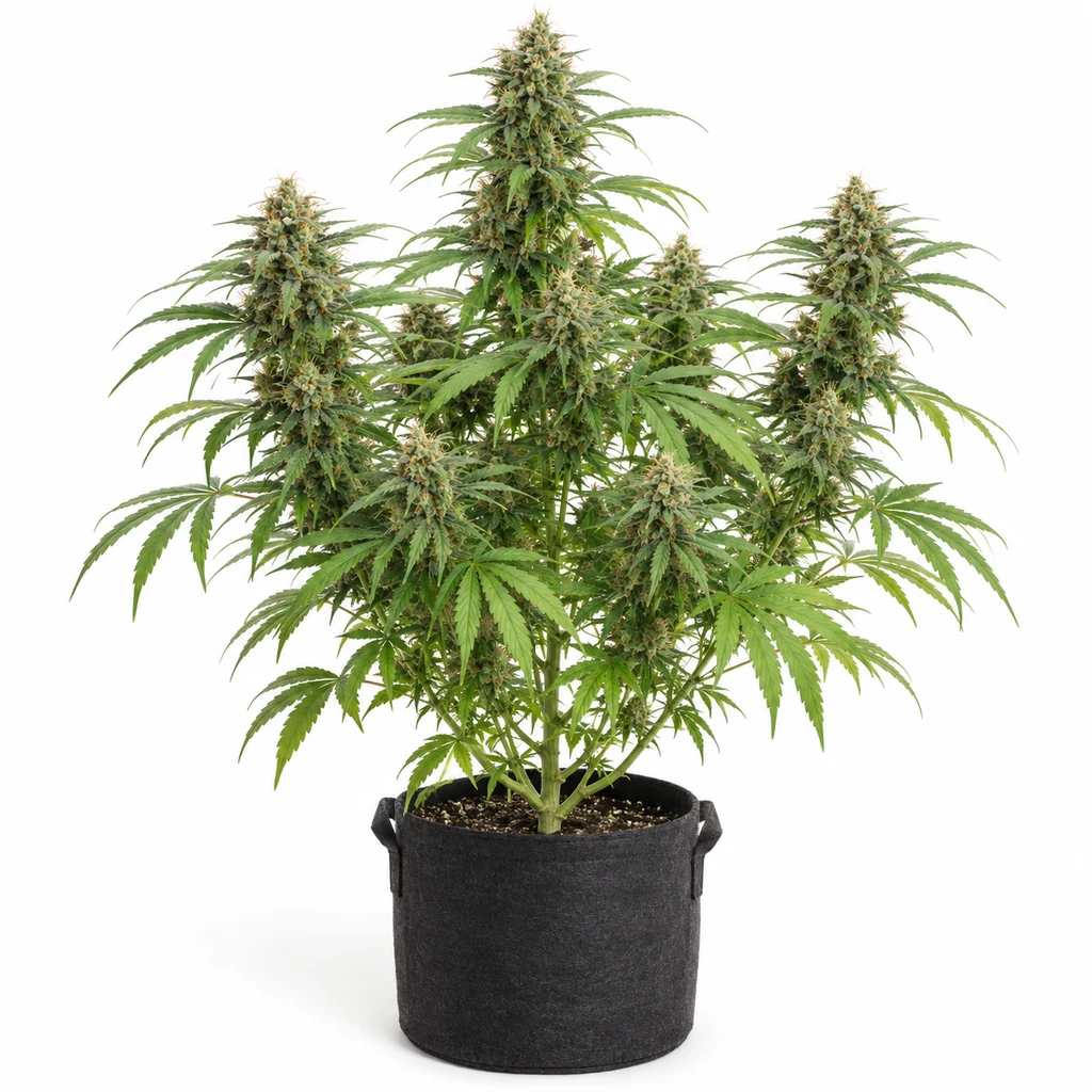 Ilustración de una planta de cannabis con flores alargadas en maceta negra, para la ficha de Sour Diesel 0,4/25 Feminizada de CBD+ Buds.