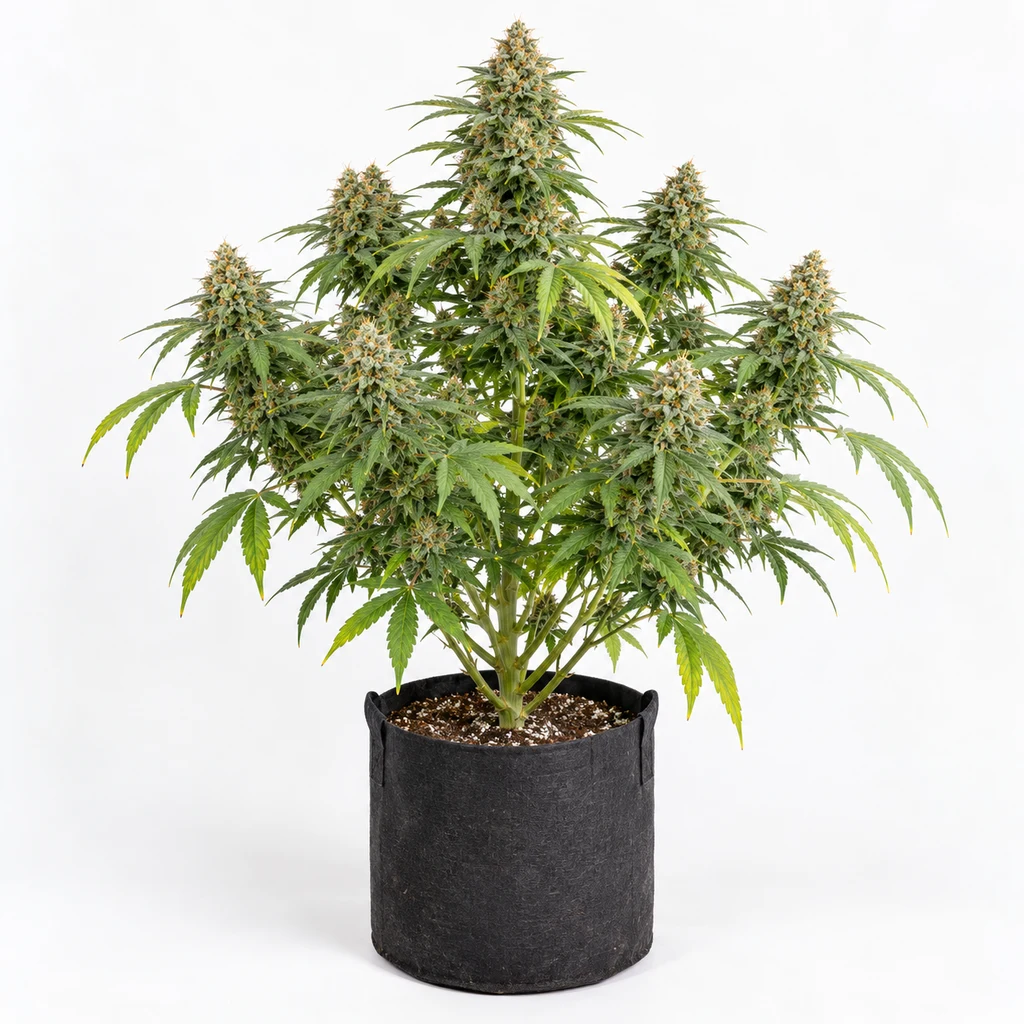 Ilustración de una planta de cannabis ramificada con cogollos y hojas verdes en maceta de tela para la ficha de Auto Kingston Punch.