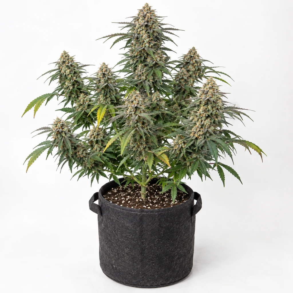 Ilustración de una planta de cannabis con flores densas en maceta negra, para la ficha de Auto Garlic Budder.