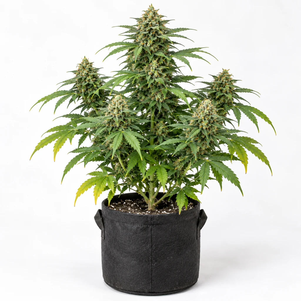Ilustración de una planta en floración en maceta textil negra, con cogollo central destacado, para la ficha de Auto Skywalker – Green House Seeds.