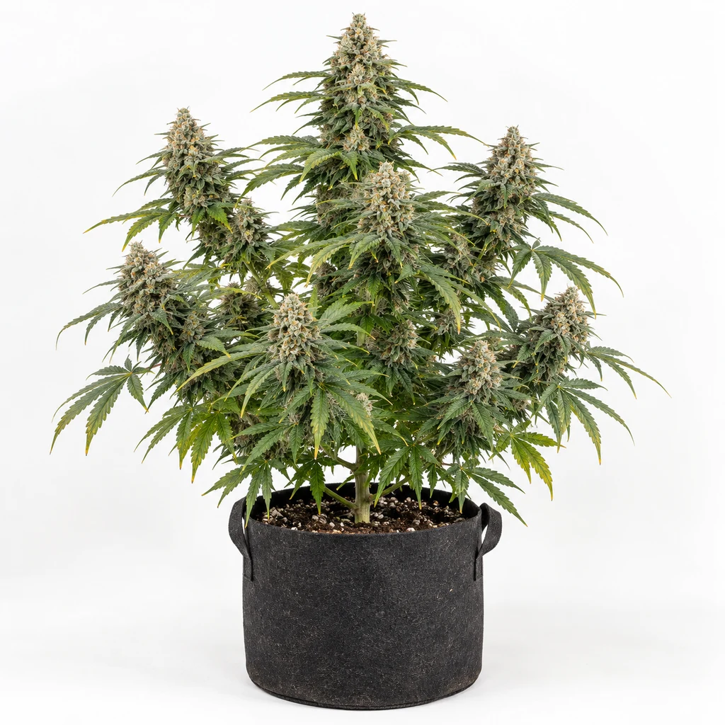 Ilustración de una planta de cannabis en floración para la ficha de Ice Regular de Nirvana Seeds, en maceta negra sobre fondo blanco.