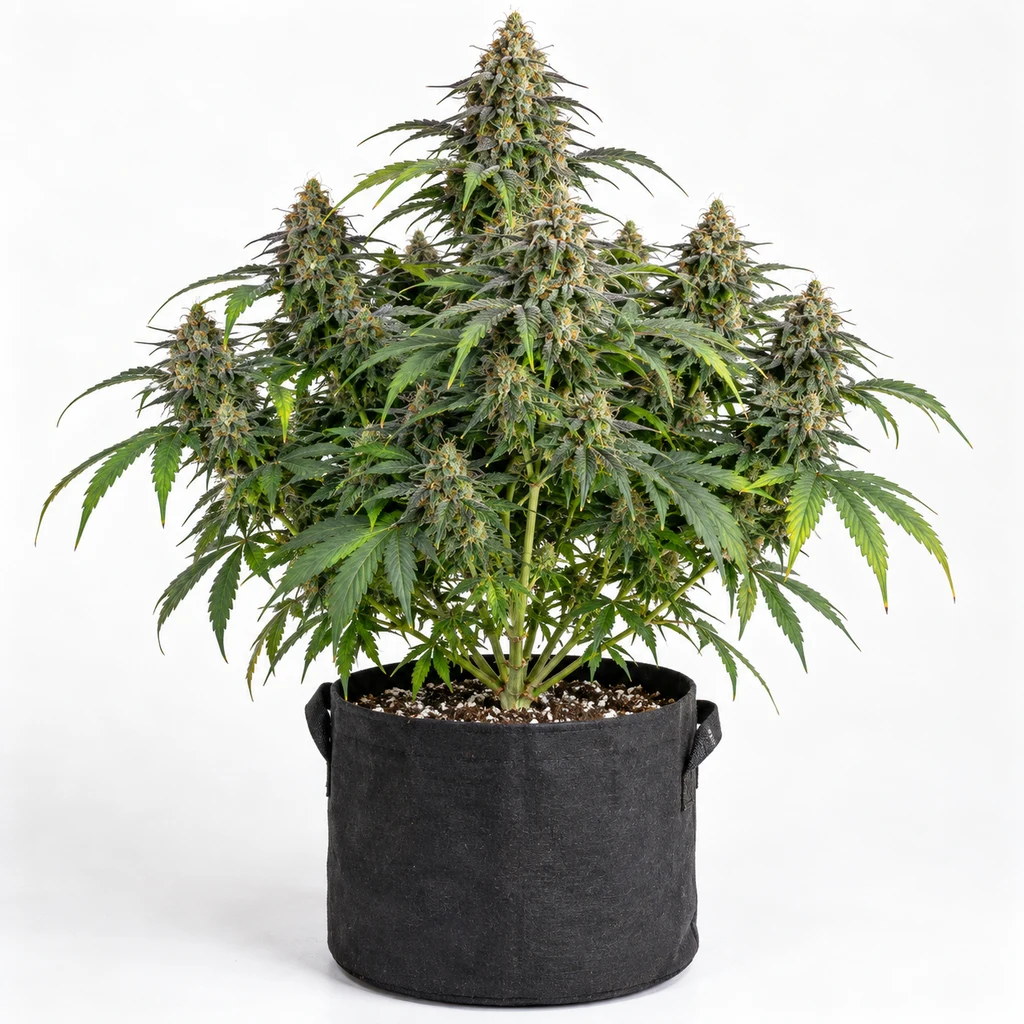 Ilustración de una planta de cannabis con abundantes flores y hojas verdes en maceta textil negra, para la ficha de Girl Scout Cookies Feminizada.