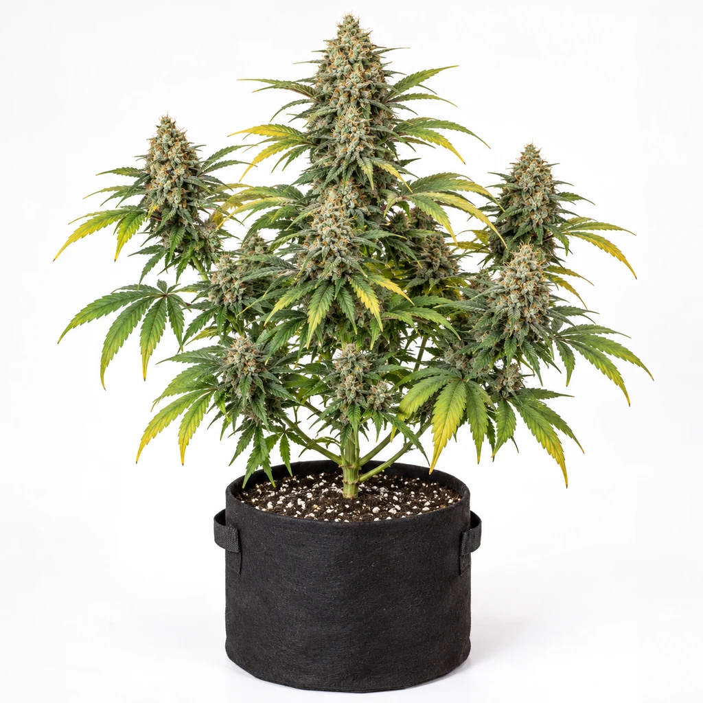 Ilustración de una planta con cogollos y hojas verdes y amarillas en maceta negra para la ficha de Double Banana Kush Feminizada.