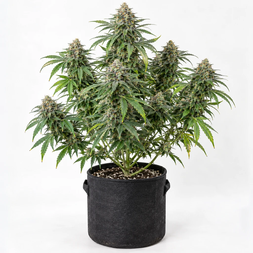 Ilustración de una planta de cannabis en floración para la ficha de RS65 Feminizada, con cogollos abundantes y maceta textil negra.