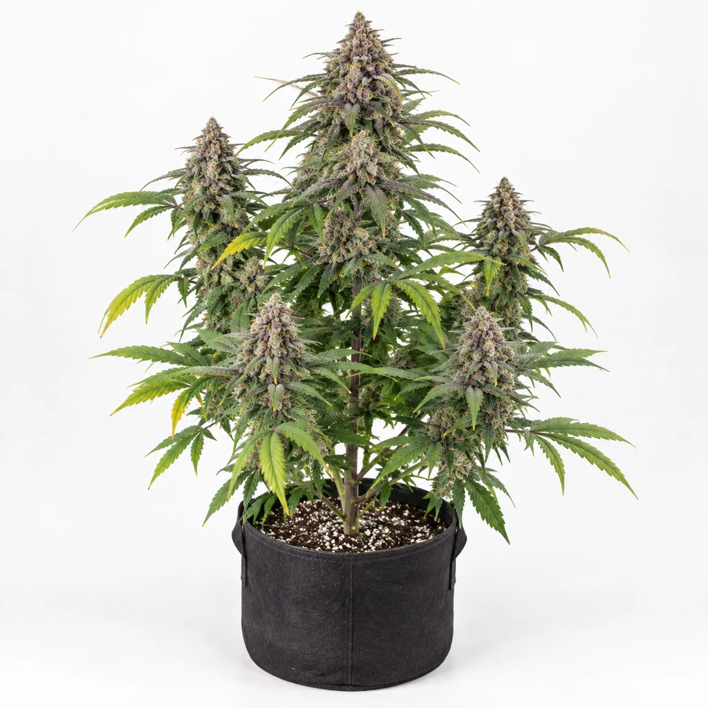 Ilustración de una planta de cannabis en maceta negra para la ficha de Gatazka Regular, con cogollos alargados y hojas verdes sobre fondo blanco.