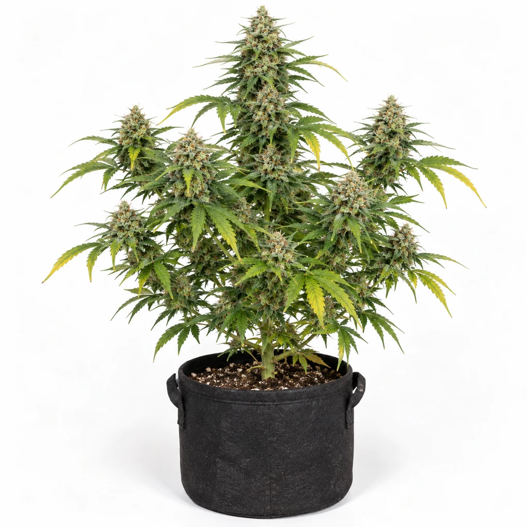 Ilustración de una planta en floración con cogollos en varias ramas, hojas verdes y amarillas y maceta negra, para la ficha de Auto Acid.