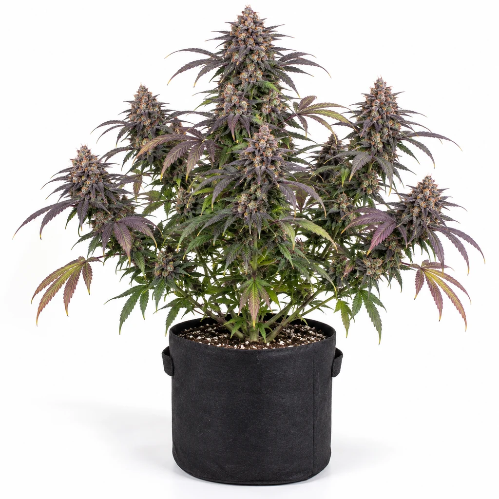 Ilustración de una planta para la ficha de Red Purps Feminizada, con hojas moradas y verdes y abundantes cogollos en maceta negra.