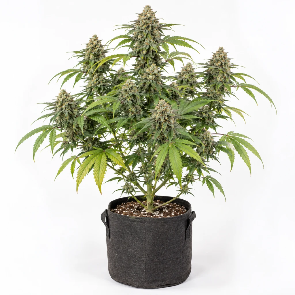 Ilustración de una planta en floración para la ficha de White Strawberry Skunk Feminizada, con cogollos y hojas verdes en maceta negra.