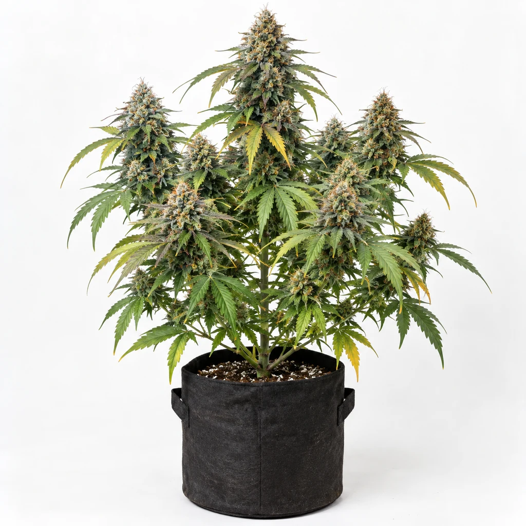 Ilustración de una planta con flores y hojas verdes y amarillas en maceta negra, para la ficha de Honey World Regular.