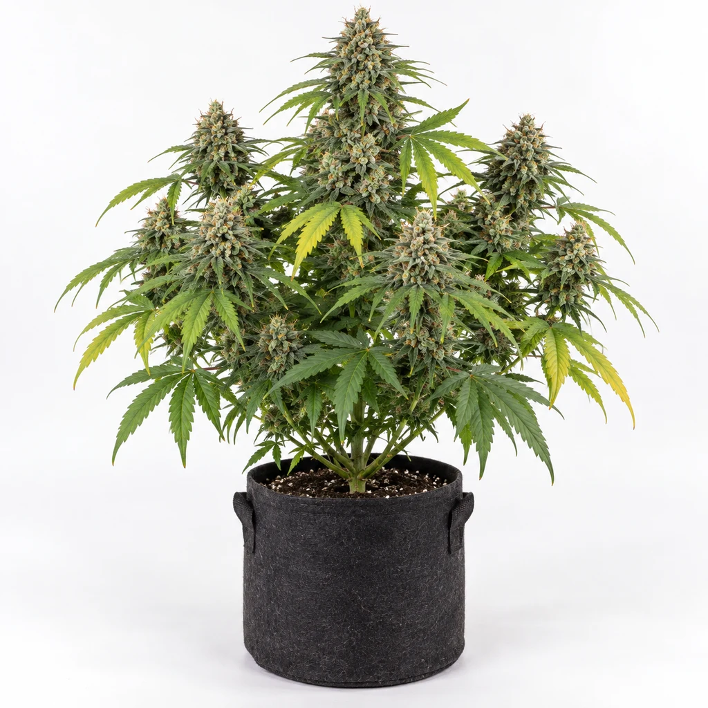 Ilustración de una planta de cannabis en floración para la ficha de Sweet Soma Feminizada, en maceta negra sobre fondo blanco.
