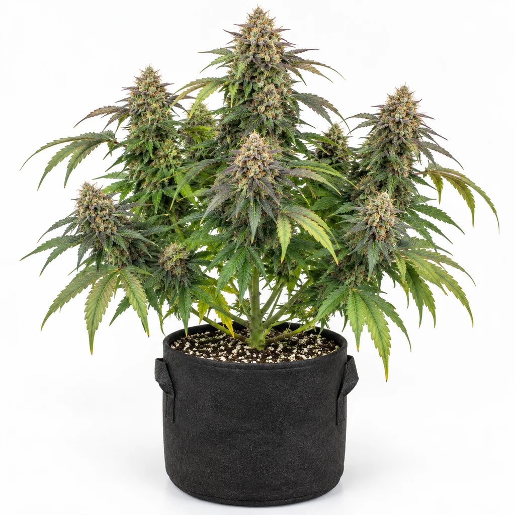 Ilustración de una planta con cogollos en maceta negra para la ficha de RS11 x Banana OG Feminizada de Barney's Farm.