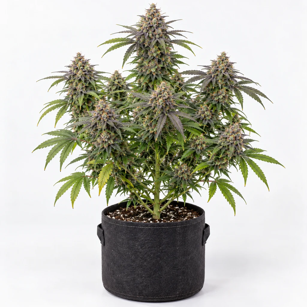 Ilustración de una planta de cannabis en floración para la ficha de GSC Feminizada, con hojas verdes y moradas en maceta negra.