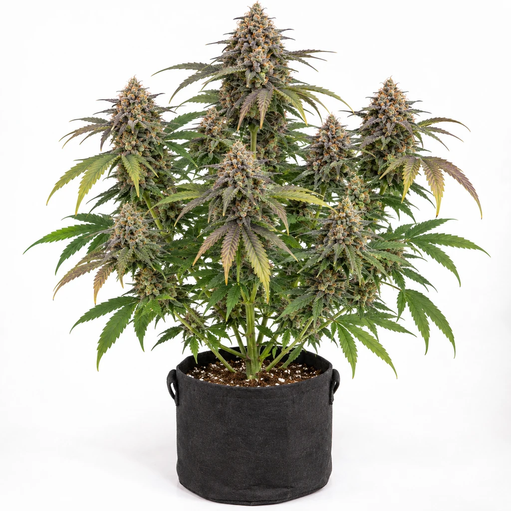 Ilustración de una planta en floración para la ficha de Baked Apple Cherries Feminizada, con cogollos y maceta negra sobre fondo blanco.